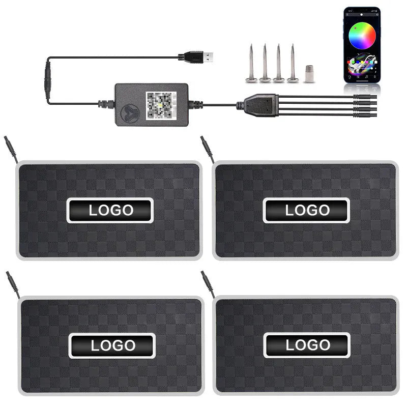 LED car foot mat light with RGB colour, diamond pattern, on car footwell floor