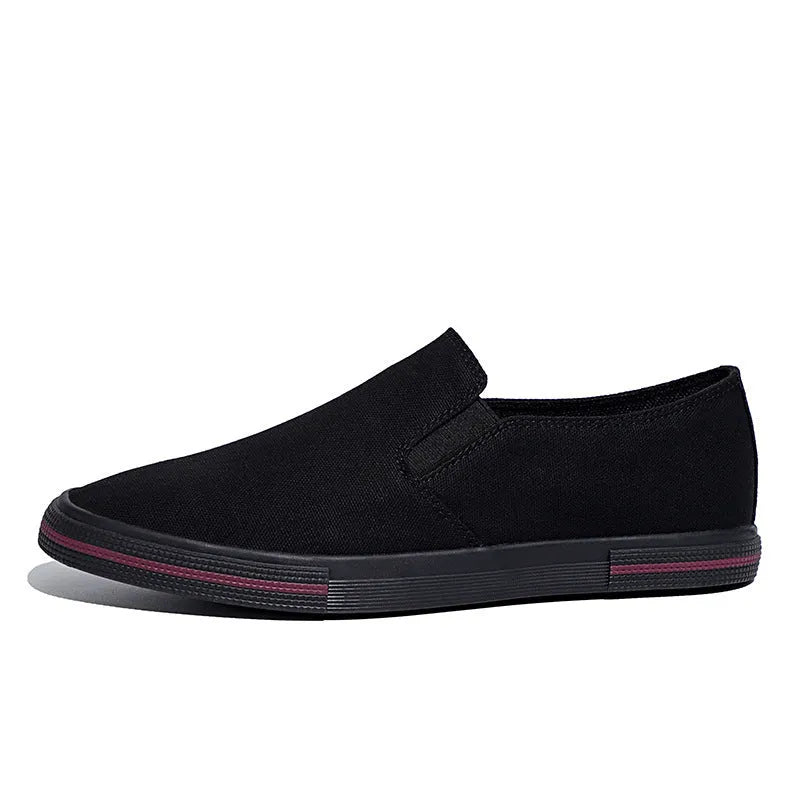 A pair of low-top canvas slip-on sneakers with a round toe and vulcanised rubber sole on a neutral background.