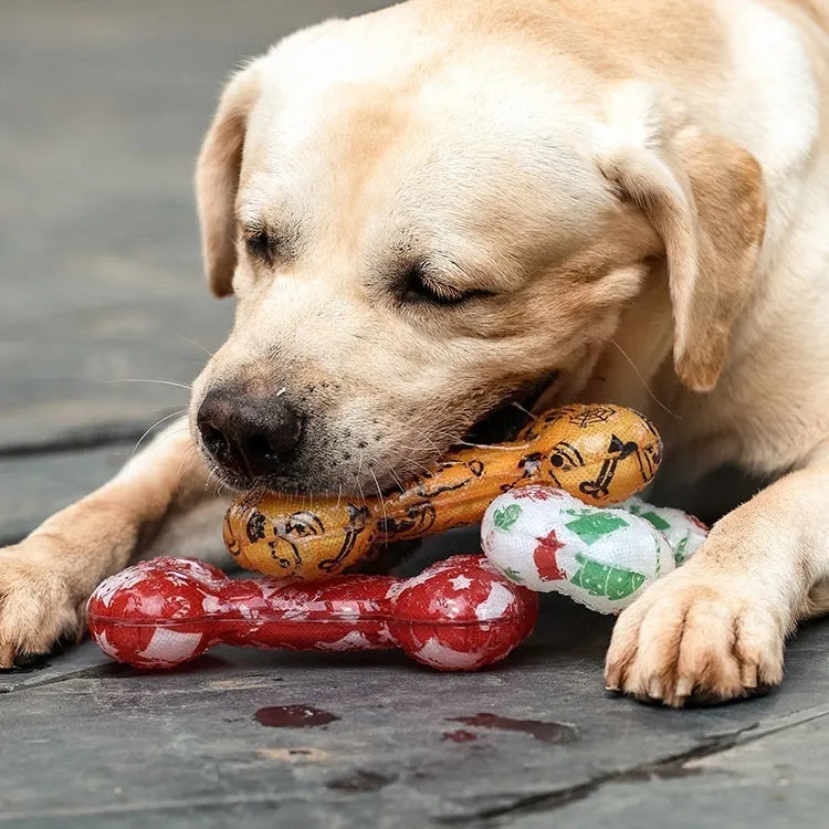Printed bone-shaped dog toy with squeaker in seasonal Christmas red and Halloween pumpkin colours