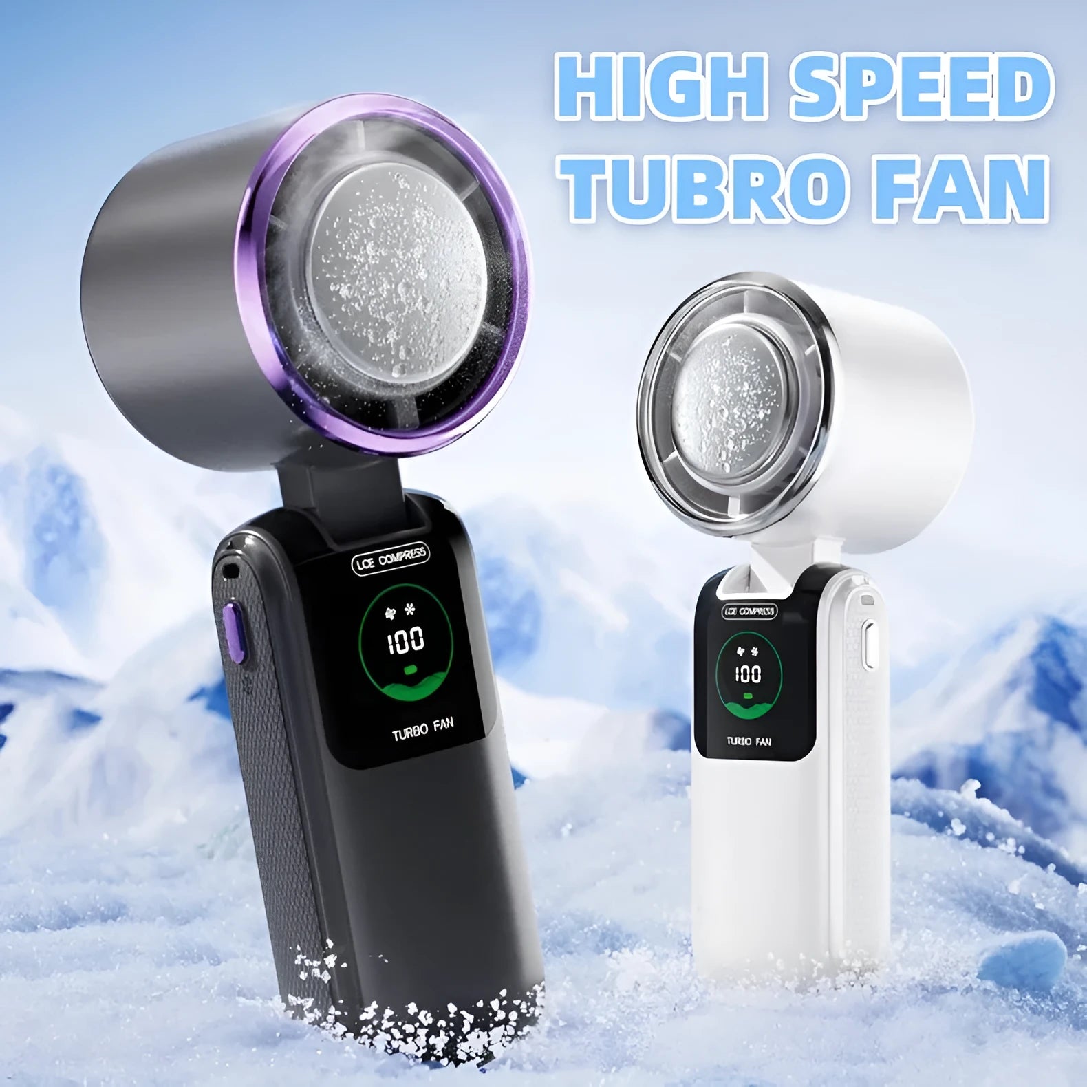 Blue USB rechargeable handheld electric fan with adjustable speed settings and folding design