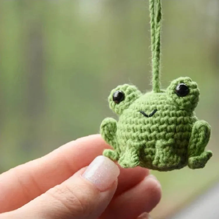 Handmade woven car pendant with small frog design in plush material