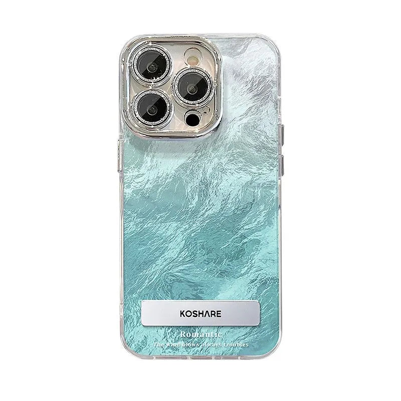 Ice blue gradient hard PC phone case with silver trim and invisible bracket for Apple iPhone