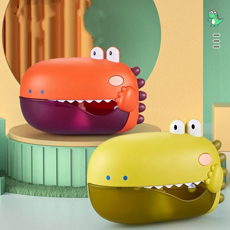 Baby bath toy bubble music machine in vinyl with dinosaur design mounted on tile wall producing bubbles