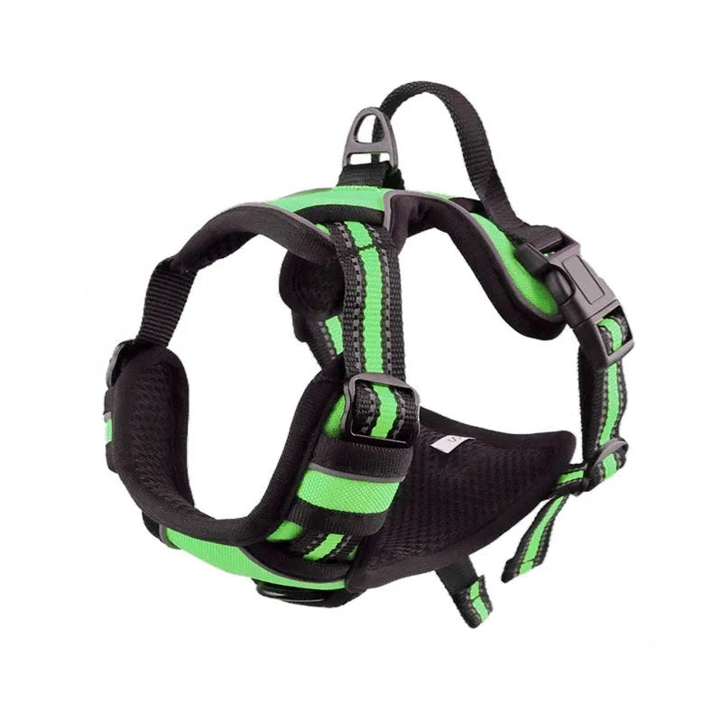 Adjustable Oxford cloth dog chest strap harness in multiple colours on a grey background.