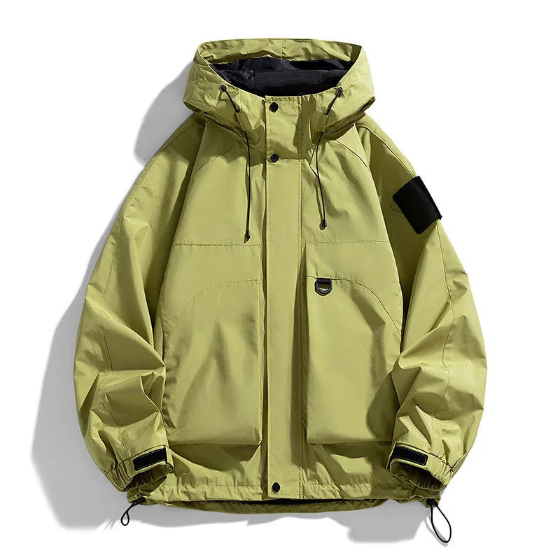 Men's waterproof windproof hooded jacket in polyester chemical fibre blend fabric