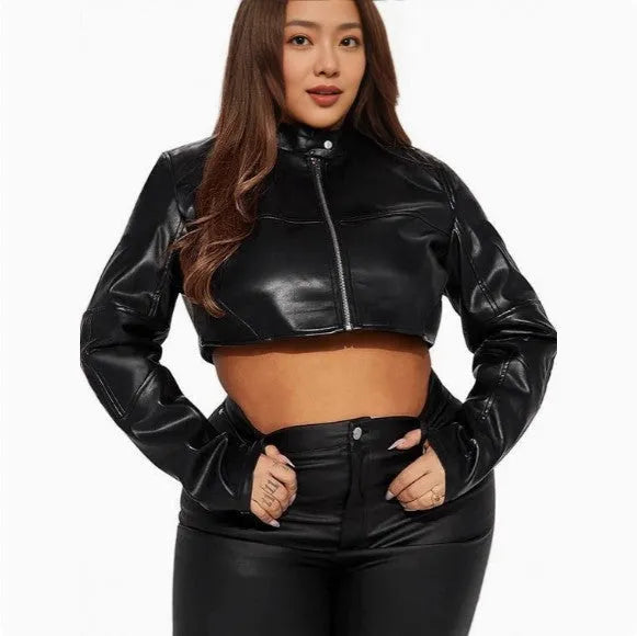 Women's cropped black PU leather biker jacket with zippers, ultra-short length, slim fit