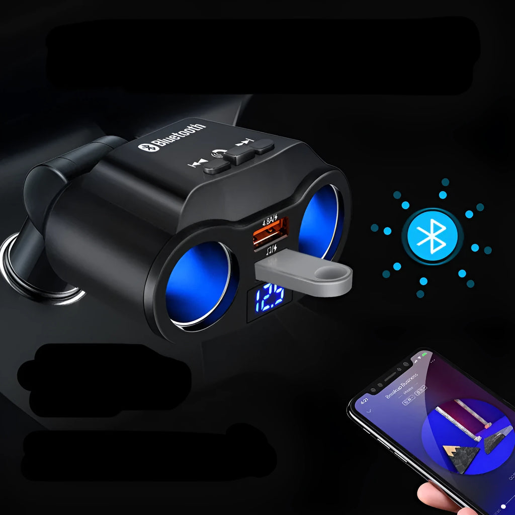 Car Bluetooth receiver and FM transmitter with USB ports plugged into vehicle cigarette lighter socket