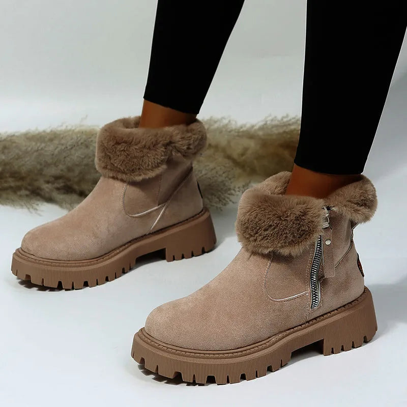 Women's black thick plush high-top snow boots with a side zipper and non-slip rubber sole.