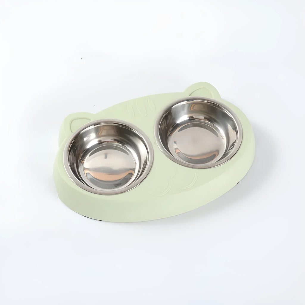 Blue macaron pet feeding tray with two compartments for food and water on non-slip base