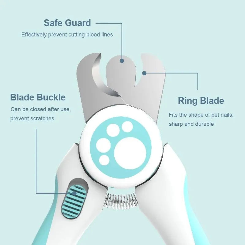 Blue and white pet nail clippers with stainless steel blade and safety stop for dogs and cats