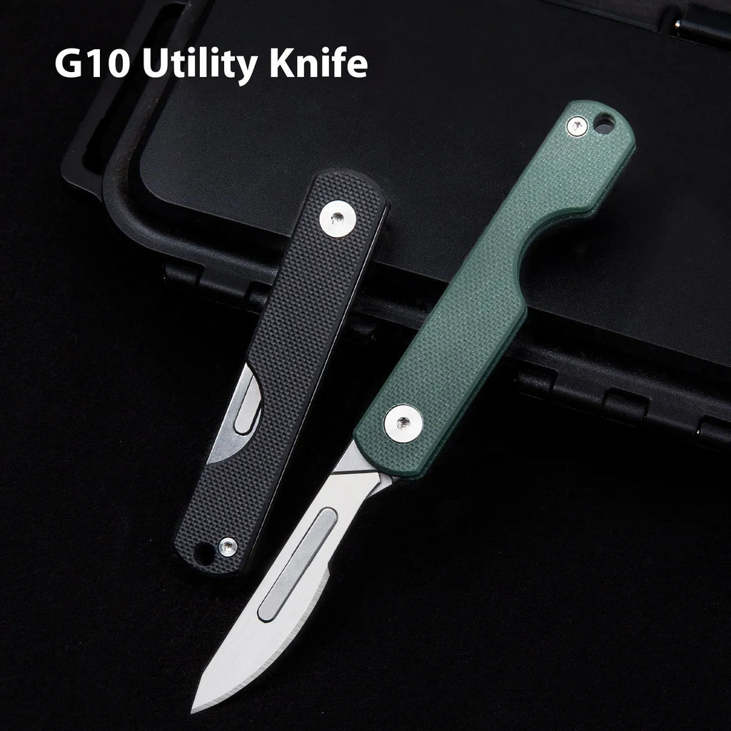Mini express folding knife keychain with G10 handle, shown in black or green, compact outdoor EDC tool