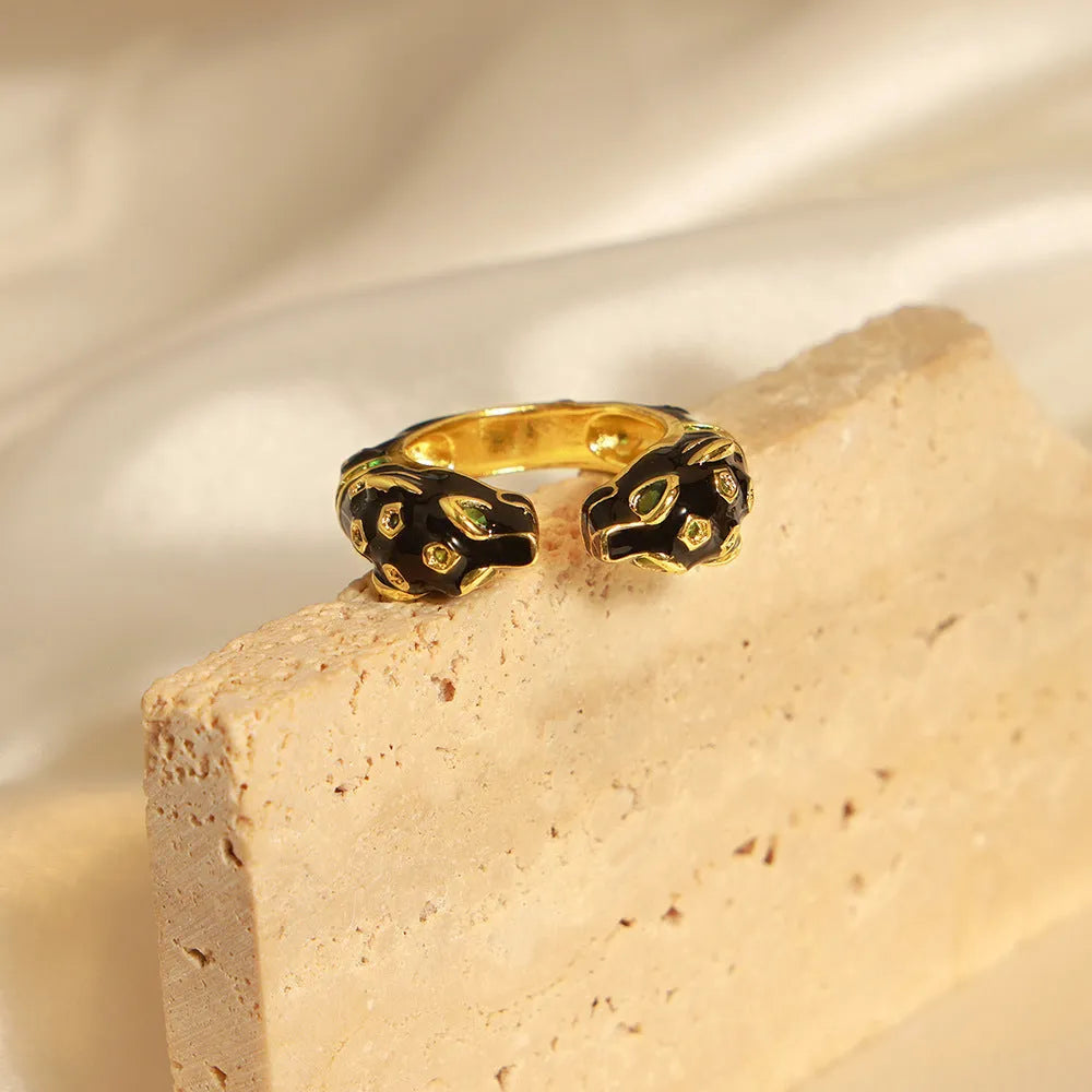 Black geometric copper ring with cheetah animal oil dripping pattern - size 7 women's fashion jewellery