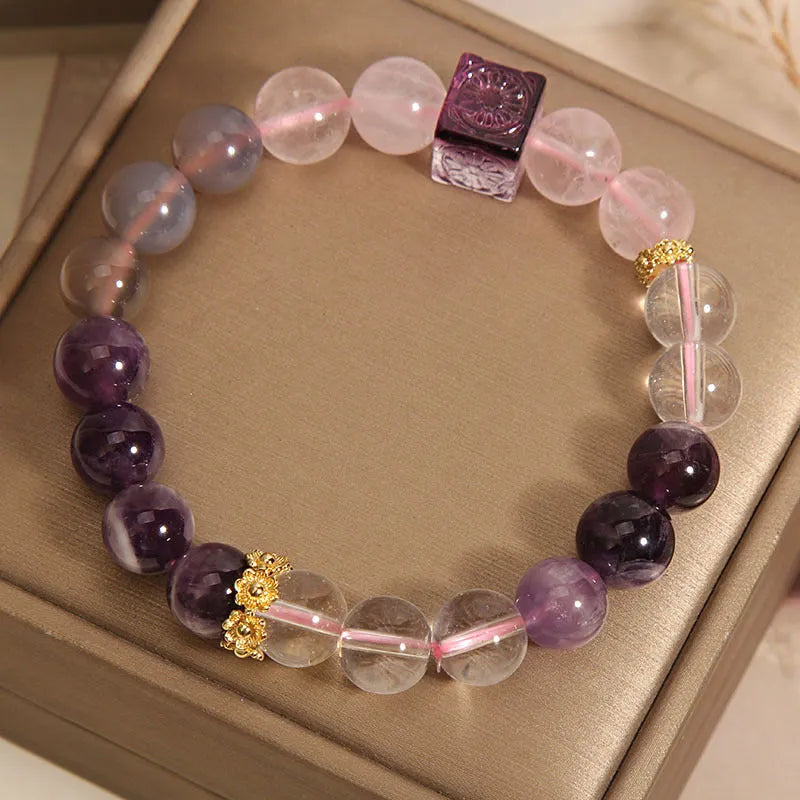 Purple women's bracelet with natural amethyst and crystal rhinestones, 10mm size