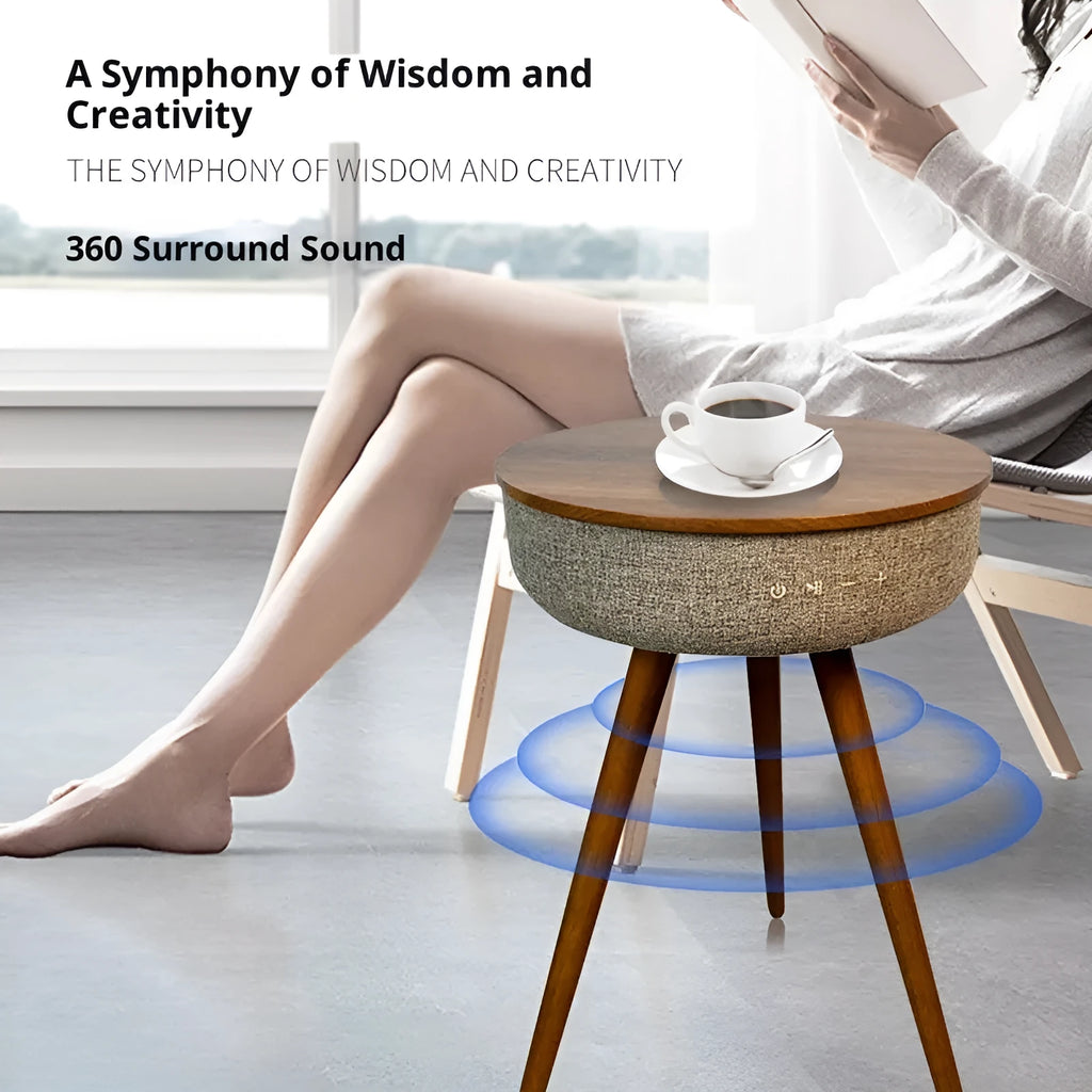 Light smart corner table in walnut wood finish with built-in Bluetooth speaker and wireless charging surface