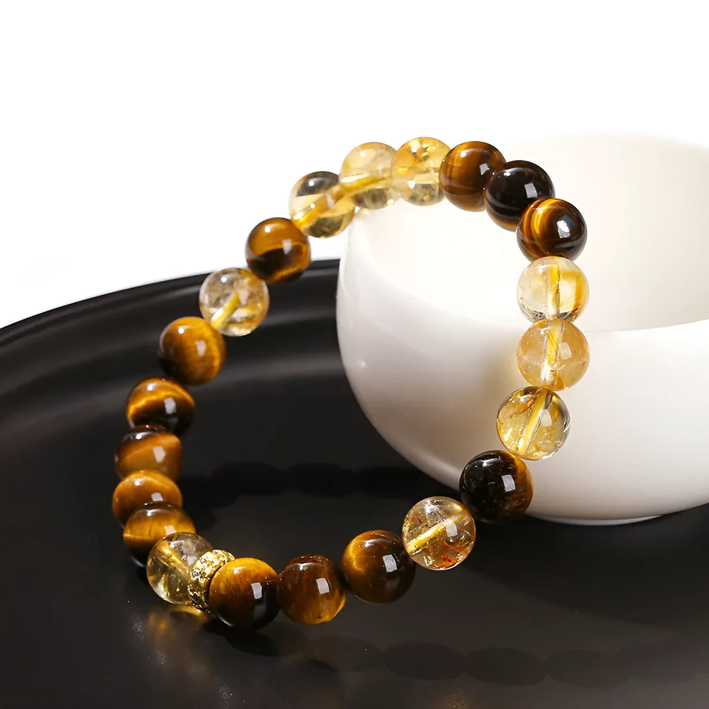 Yellow tiger eye crystal bracelet with 8mm natural stone beads and mixed yellow tower beads