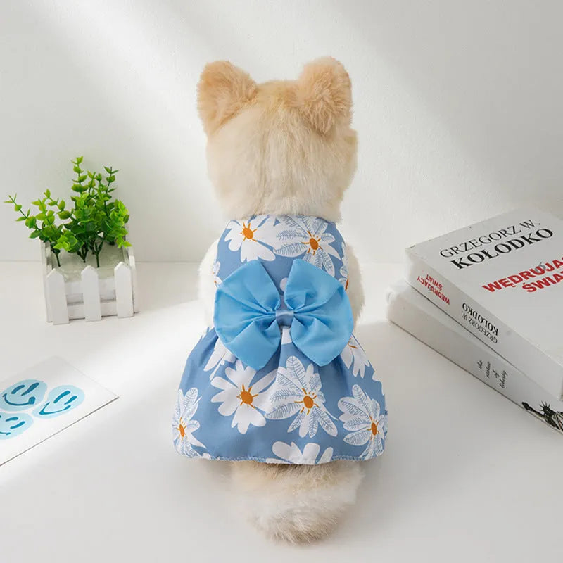 Ultra-thin polyester pet dress with butterfly knot and floral print in multiple colour options