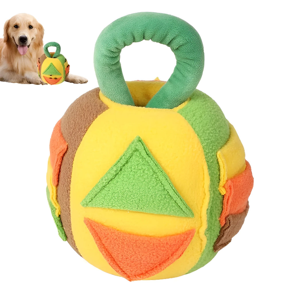 Green plush squeaky ball dog toy with treat pockets for interactive play with small to medium dogs