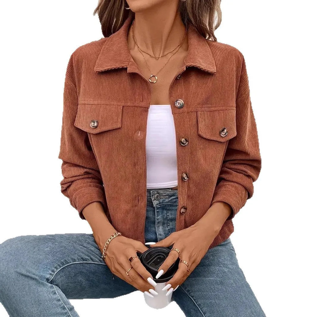 Women's retro artistic shirt coat jacket in medium thickness polyester fabric, button front with long sleeves