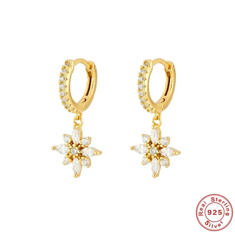 S925 sterling silver snowflake pendant earrings with diamond accents in white gold and yellow gold colour options