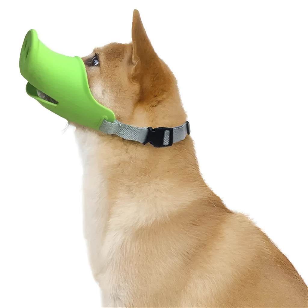 Blue and green silicone anti-bite mouth covers for dogs in two sizes on a white background.