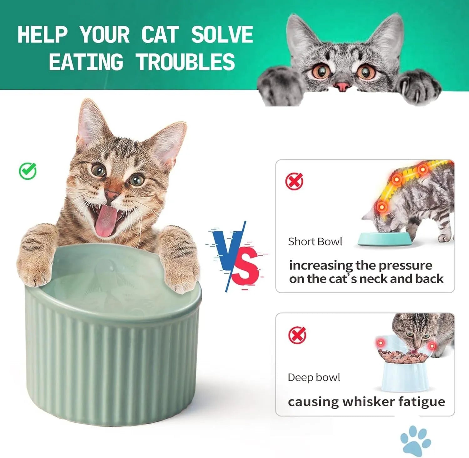 Dark green ceramic raised cat bowl with tilted design on a wooden surface.