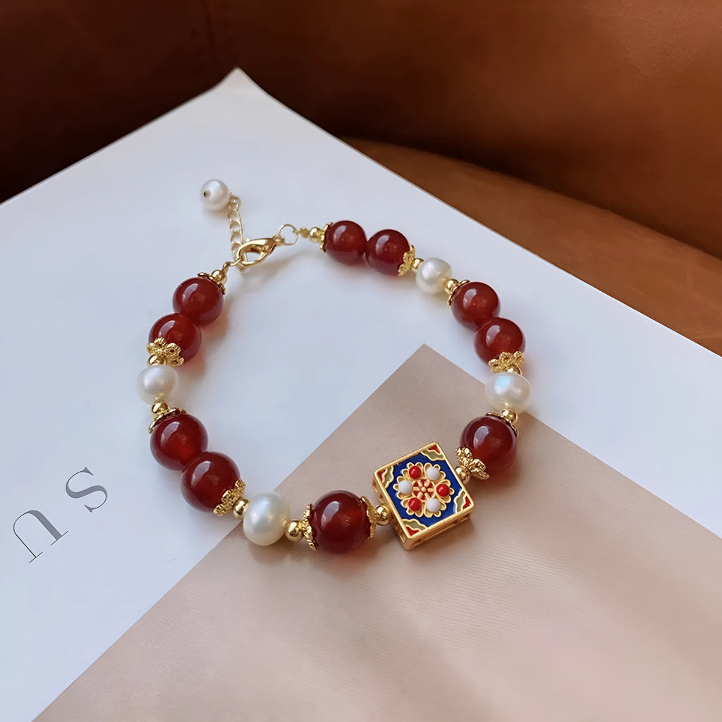 Women's pearl and red agate bracelet with constellation design, adjustable 14-17cm sizing