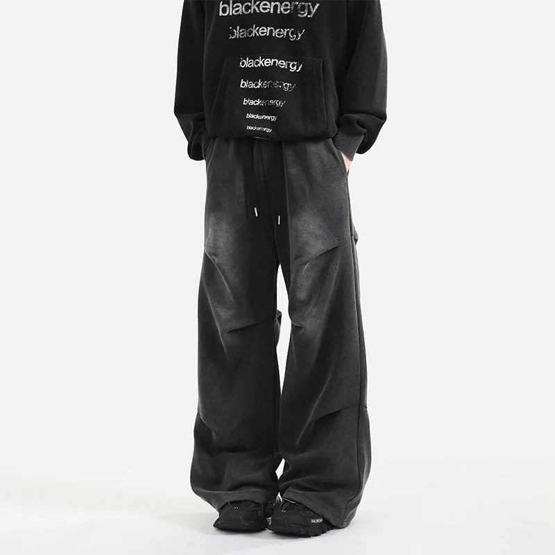 Men's straight loose cotton sweatpants with pleated design, elastic waist, in black and gray, sizes S-XXXL