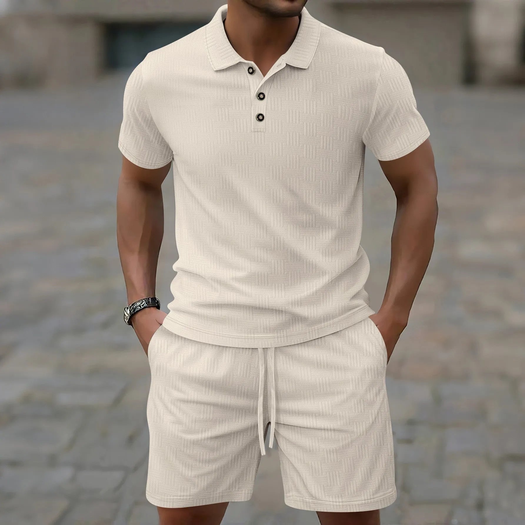 Men's solid colour jacquard short sleeve casual suit with matching shorts on a neutral background.