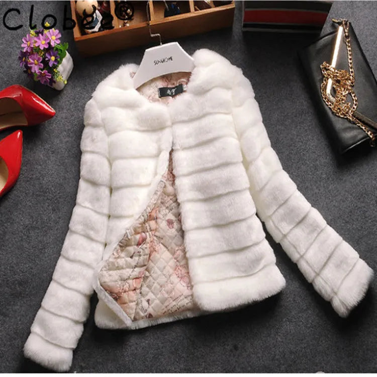 Women's short 40cm faux fur top in beige on a model.