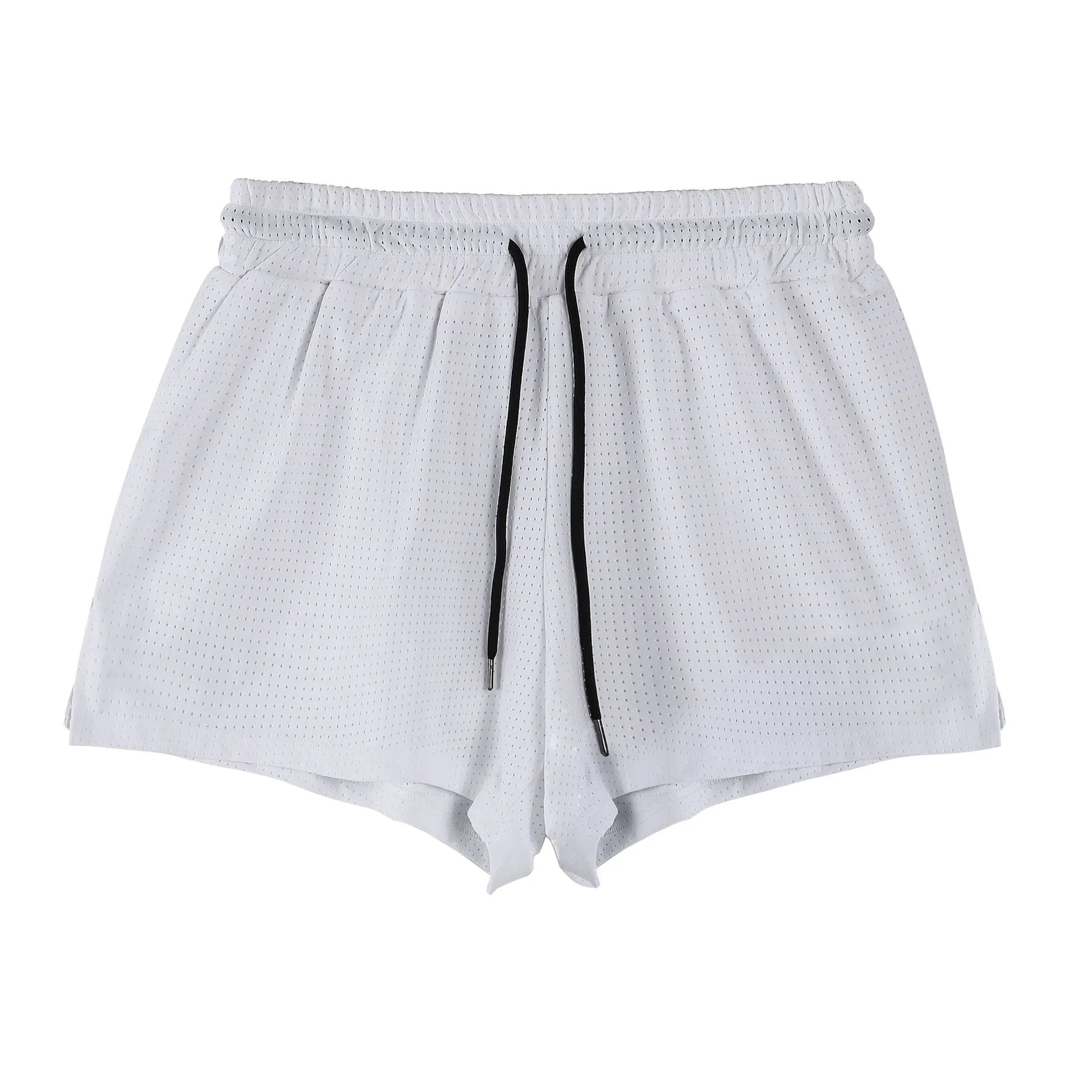 A pair of men's black quick-drying nylon shorts with a mid waist, laid flat.