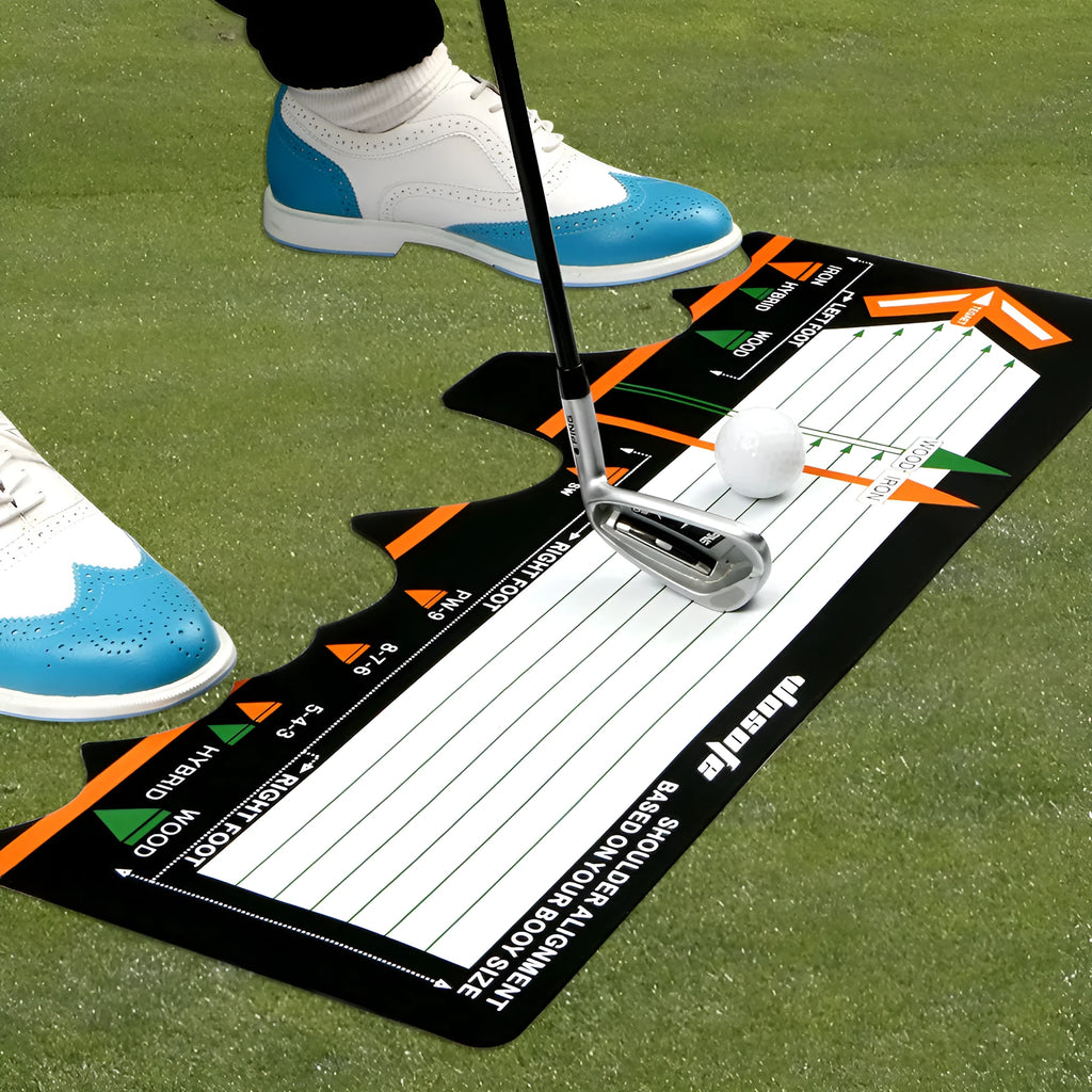 Black neoprene golf swing posture training pad on grass for stance alignment correction.