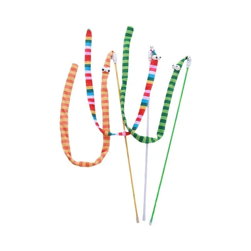 Cat wand toy with polycarbonate handle and long plush strip in vibrant colours, shown with bell attachment.