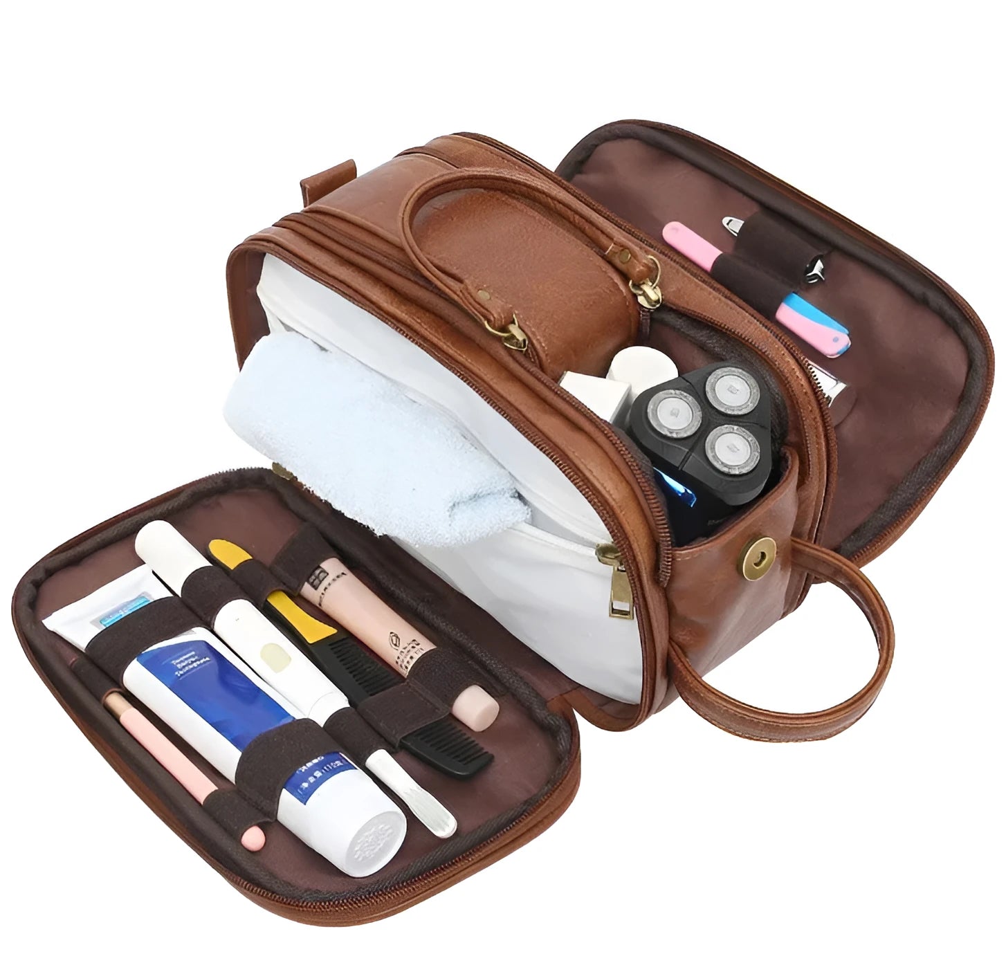 Black men's PU leather compact travel toilet bag for grooming storage.