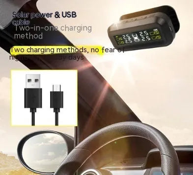 Wireless solar car tyre monitor with colour screen display and external sensors for tyre pressure and temperature monitoring