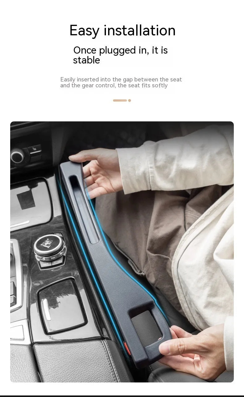 Black car seat gap storage box organiser between vehicle front seats with customisable handles