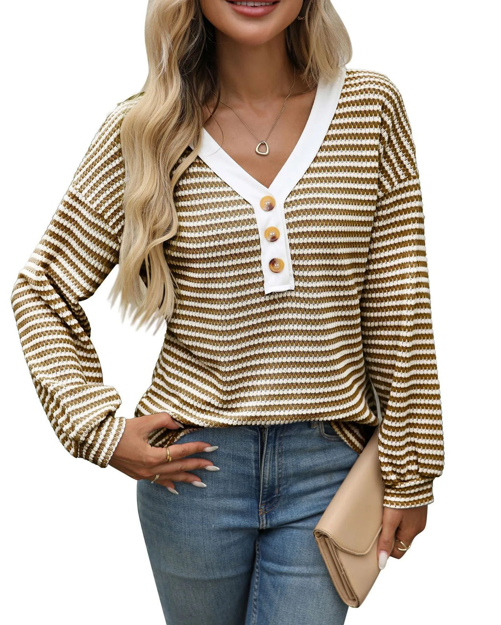 Women's V-neck patchwork casual pullover top in loose fit with long sleeves