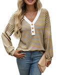 Women's V-neck patchwork casual pullover top in loose fit with long sleeves
