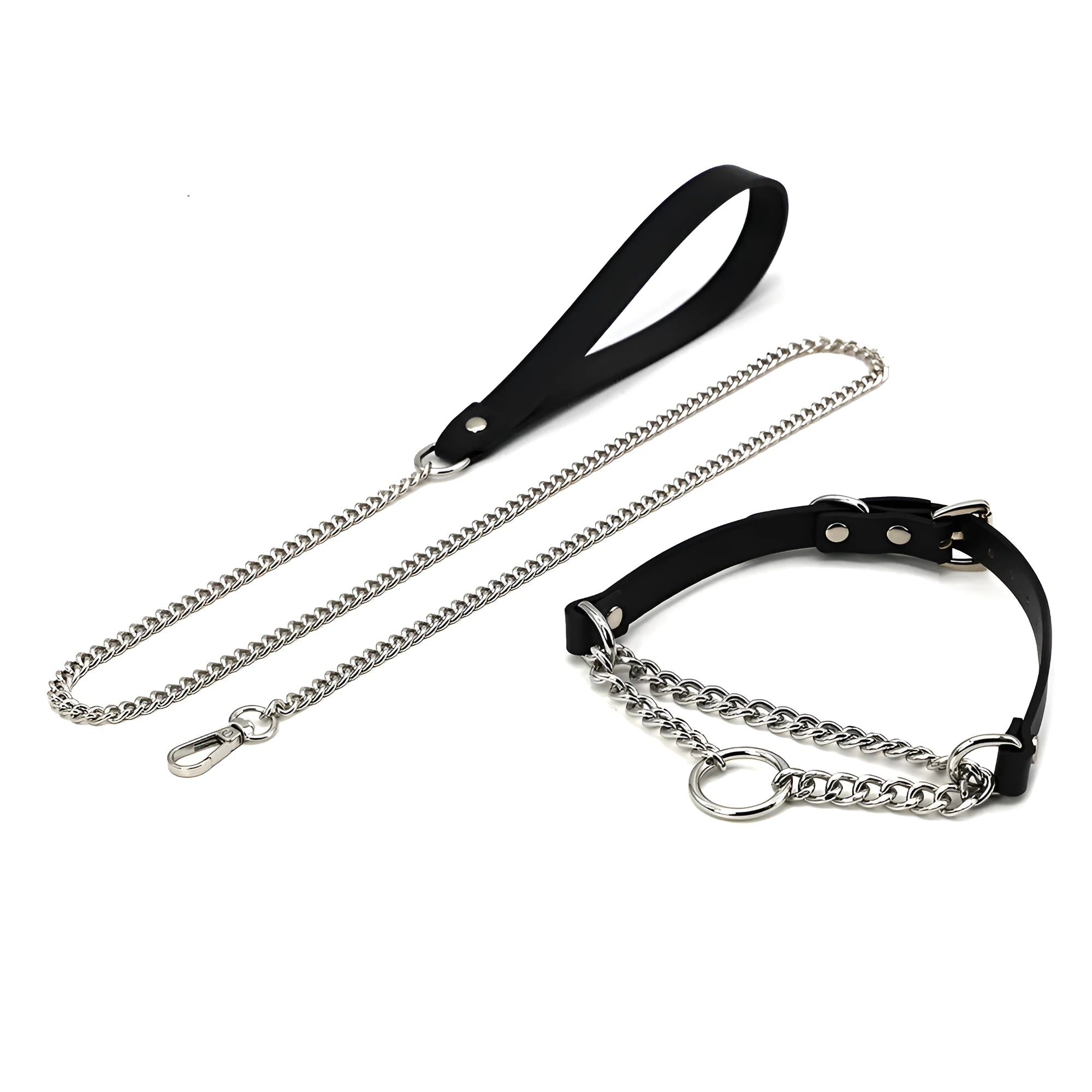 Black leather dog collar and matching leash with a rope hand grip.