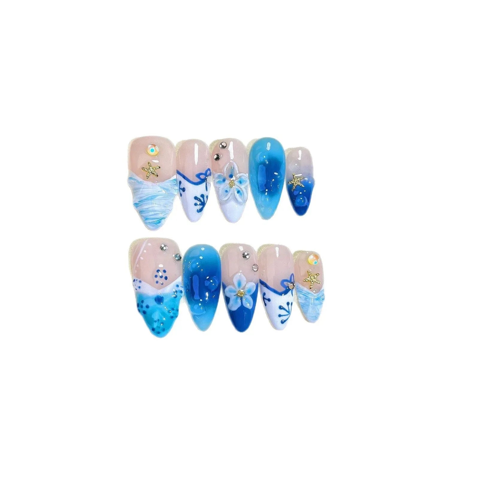 Blue hand-painted carved fake nails set with floral designs in sizes XS S M L