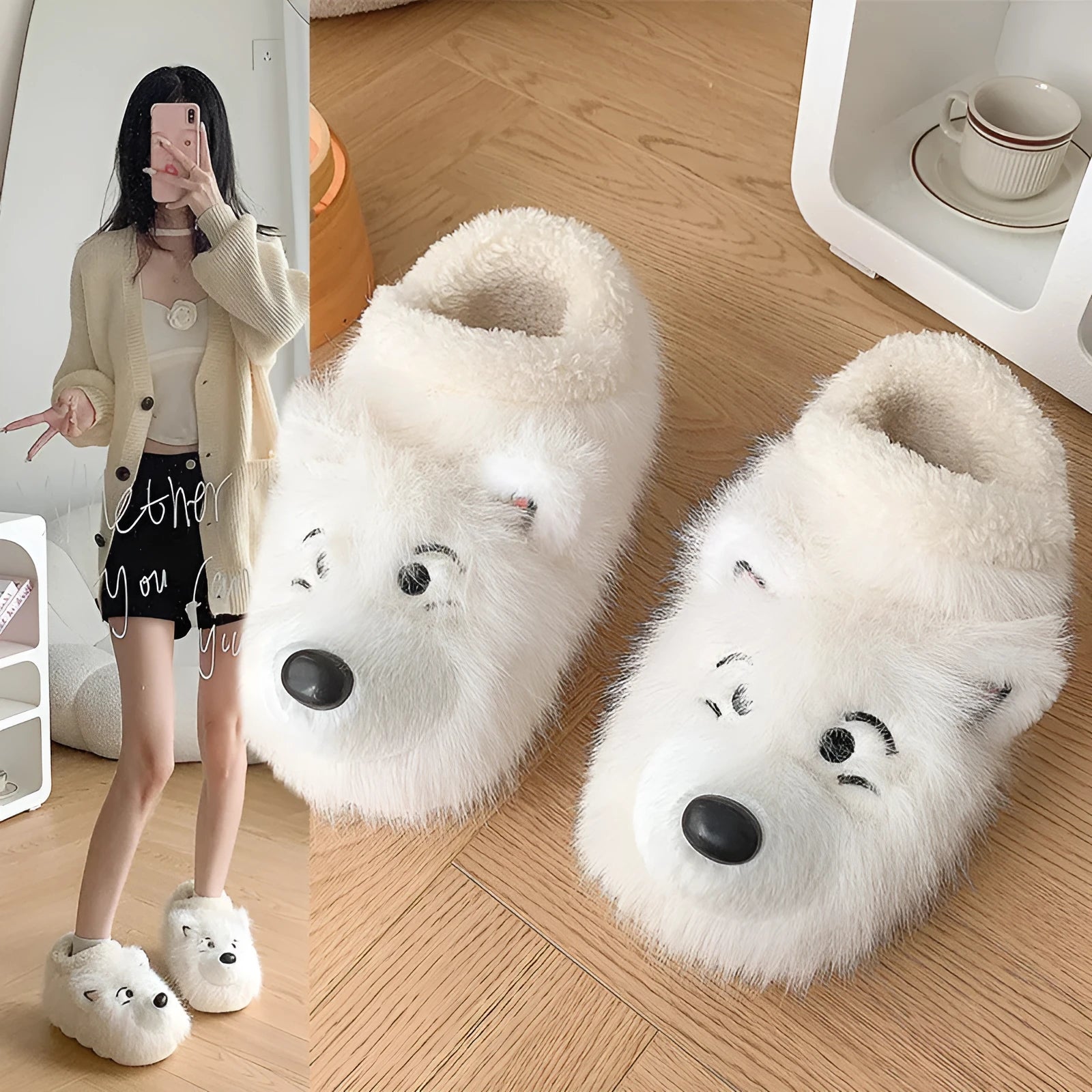 Women's ankle wrap cotton slippers in grey with plush upper and non-slip sole