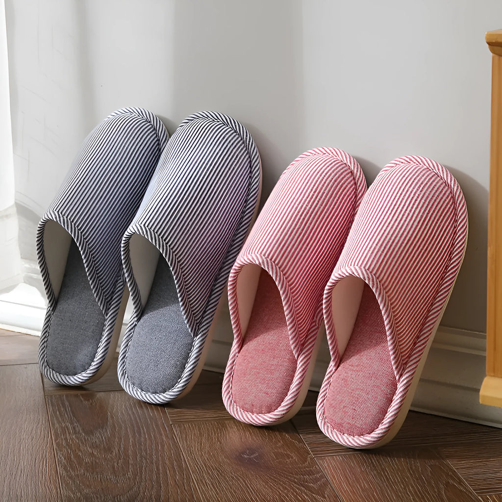 Household stripes indoor non-slip cotton slippers with PVC sole and round toe in a colour option