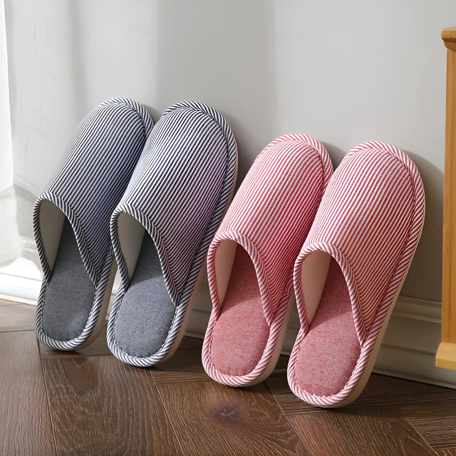 Household stripes indoor non-slip cotton slippers with PVC sole and round toe in a colour option