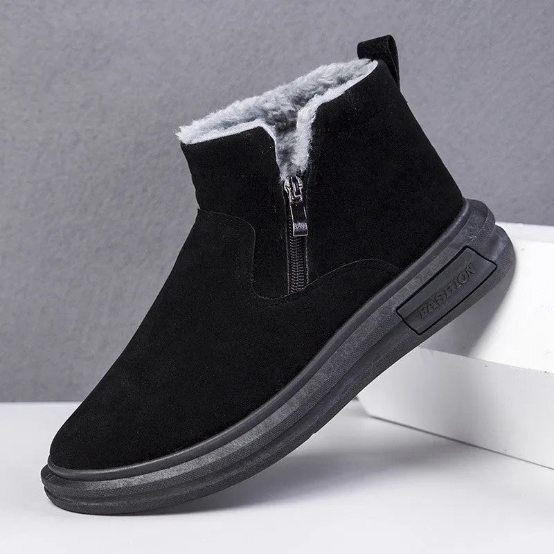 Men's winter snow boots with side zipper, plush lining, cotton upper and wear-resistant rubber outsole in black or grey.