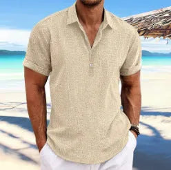 Men's light grey loose fit lapel cardigan with long sleeves on a hanger.