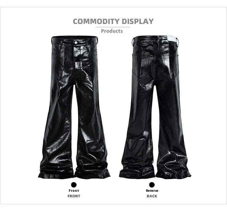 Black shiny patent leather skinny jeans with a straight-leg cut and mid waist