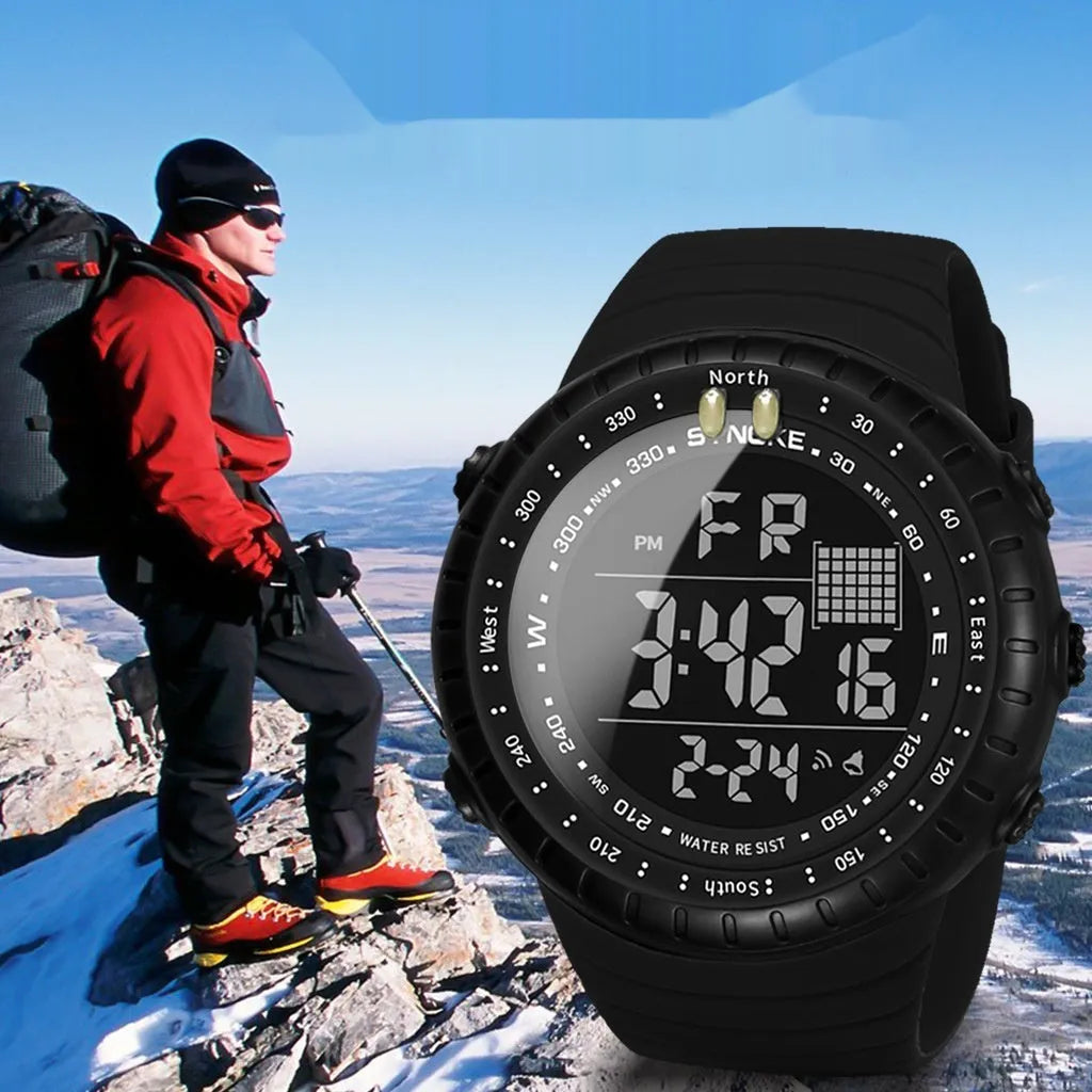 Men's black digital outdoor watch with large dial and WR50M waterproof rating