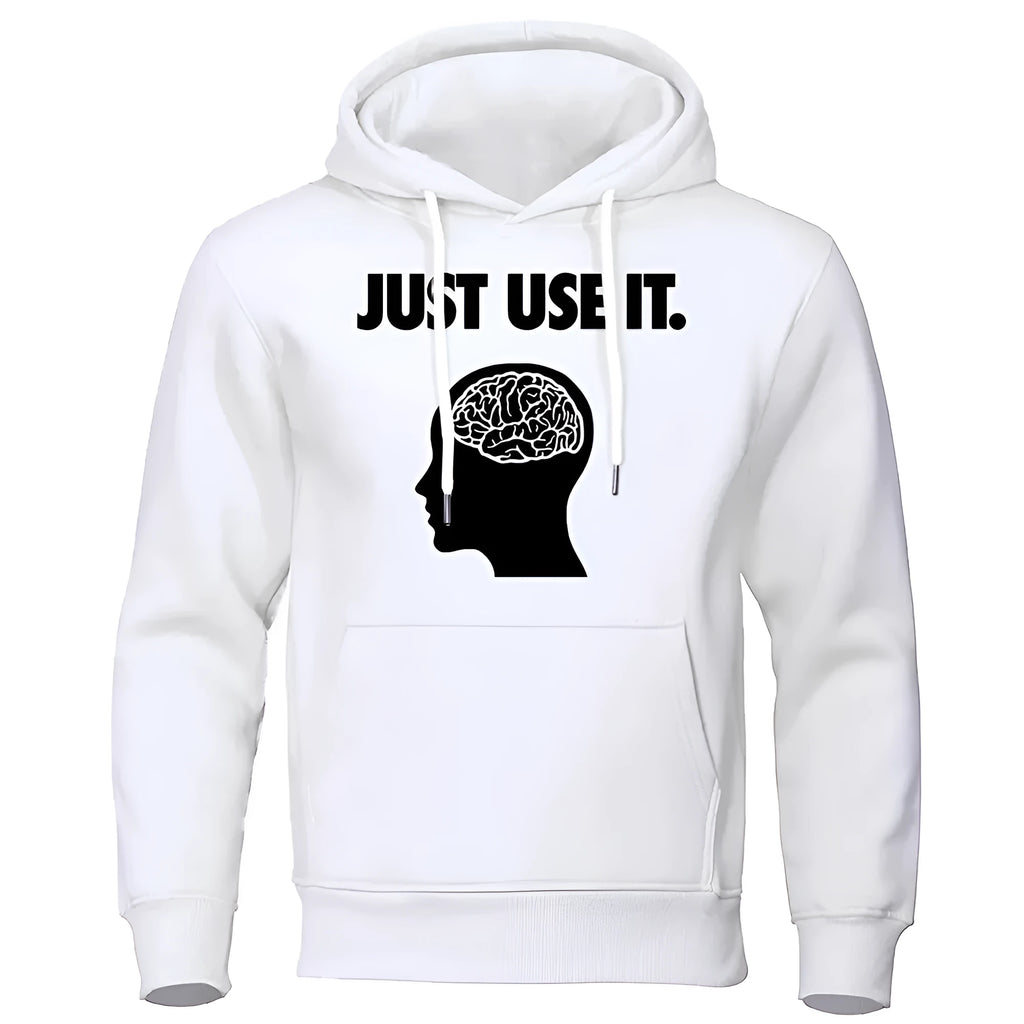 Printed velvet padded hooded sweatshirt for men in white with side seam pockets and loose fit