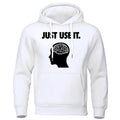 Printed velvet padded hooded sweatshirt for men in white with side seam pockets and loose fit