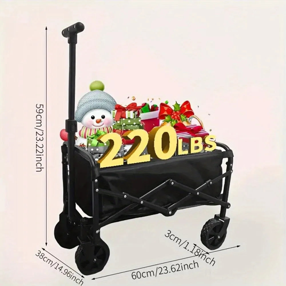 Collapsible metal garden wagon cart with attached storage box, shown folded and unfolded.
