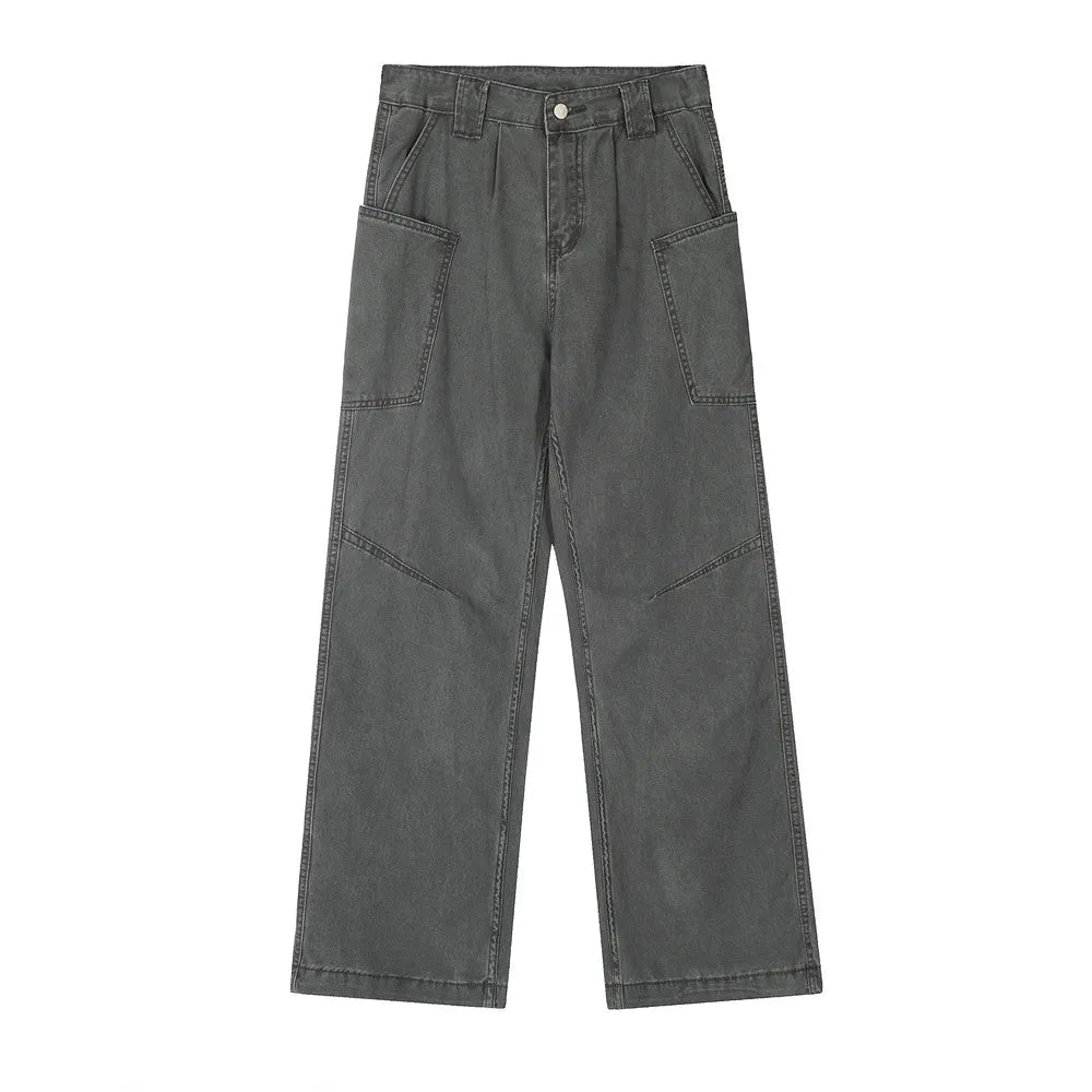 Mens loose fit denim work trousers in black, dark green, and smoky gray cotton fabric